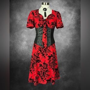 Voodoo Vixen Red Retro 50s Britanny Flocked Chiffon Rose Dress